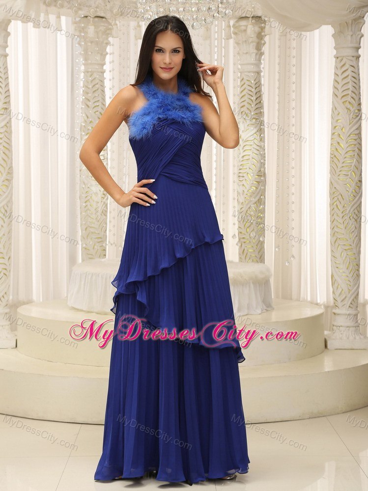 Feather Halter Top Pleat 2013 Evening Formal Gowns Royal Blue