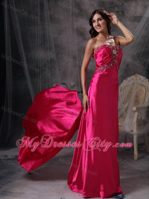 Hot Pink Strapless Evening Formal Gowns with Beading and Ruches