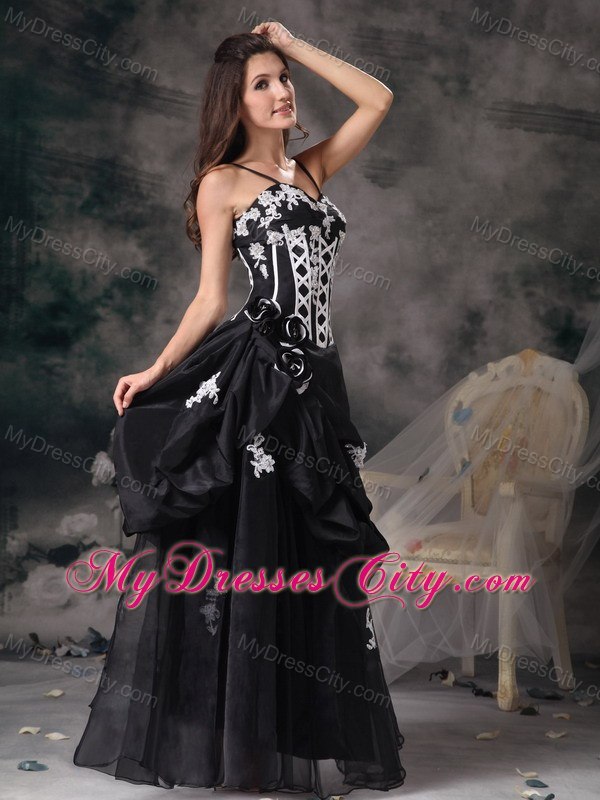 Black Spaghetti Straps Prom Evening Dresses with Appliques Pick-ups