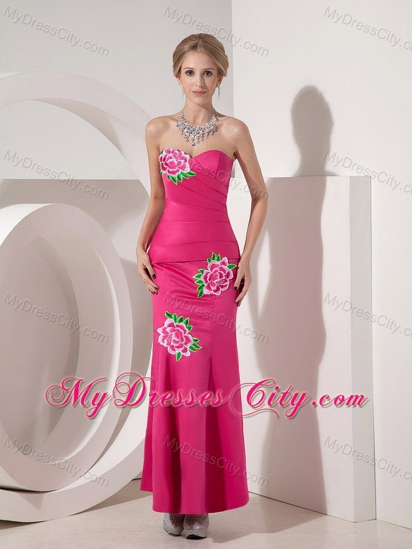 Hot Pink Sweetheart Long Taffeta Evening Dress with Appliques