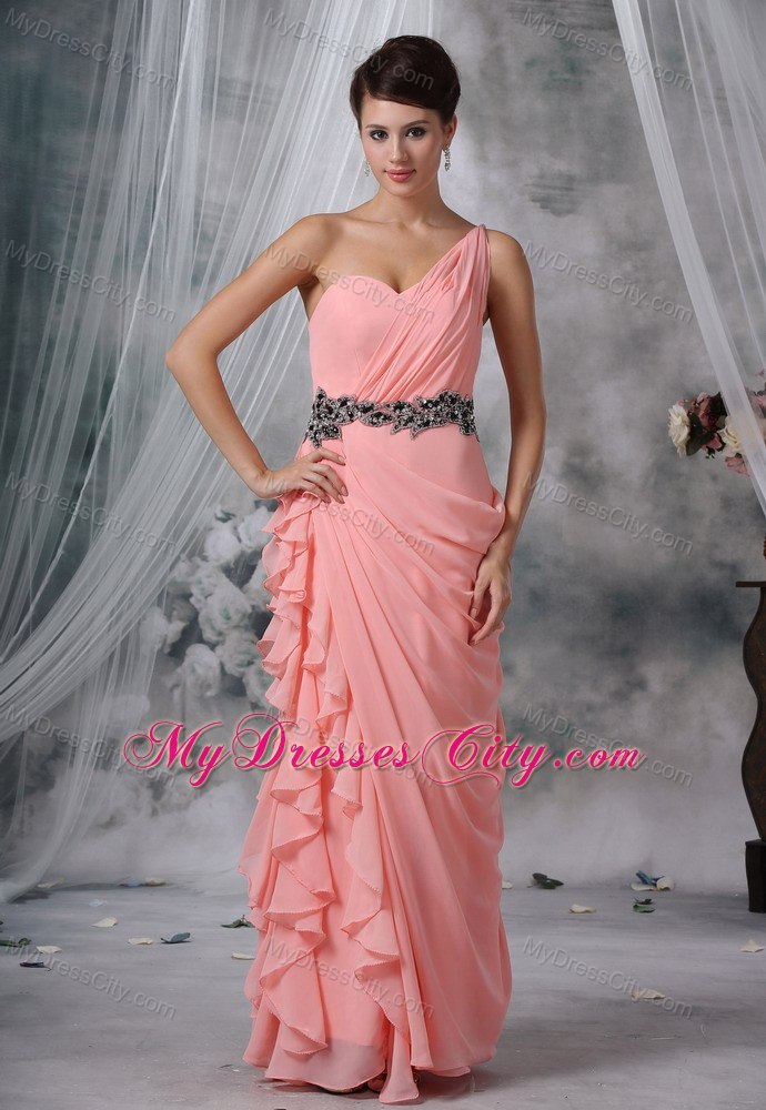 Beaded Decorate Waist Ruches One Shoulder Ruffles Evening Dress