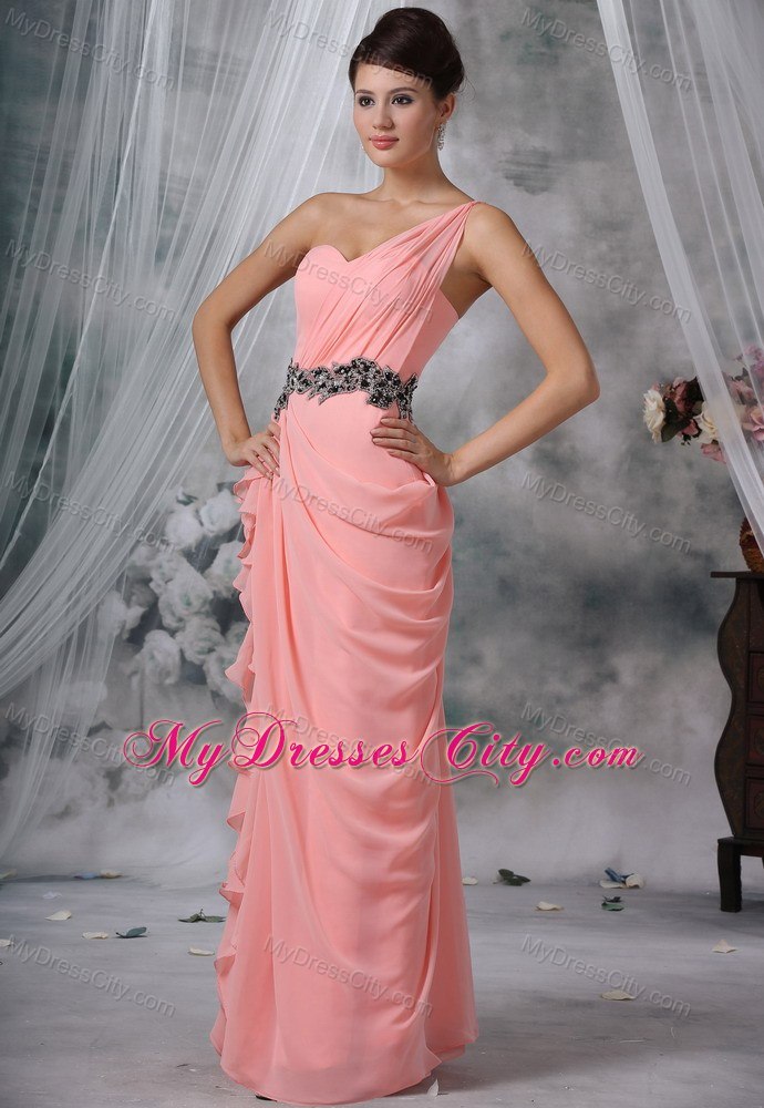 Beaded Decorate Waist Ruches One Shoulder Ruffles Evening Dress