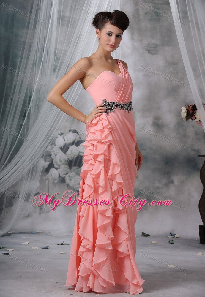 Beaded Decorate Waist Ruches One Shoulder Ruffles Evening Dress