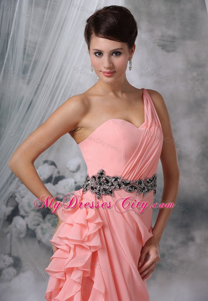 Beaded Decorate Waist Ruches One Shoulder Ruffles Evening Dress