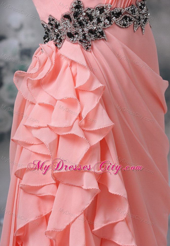 Beaded Decorate Waist Ruches One Shoulder Ruffles Evening Dress