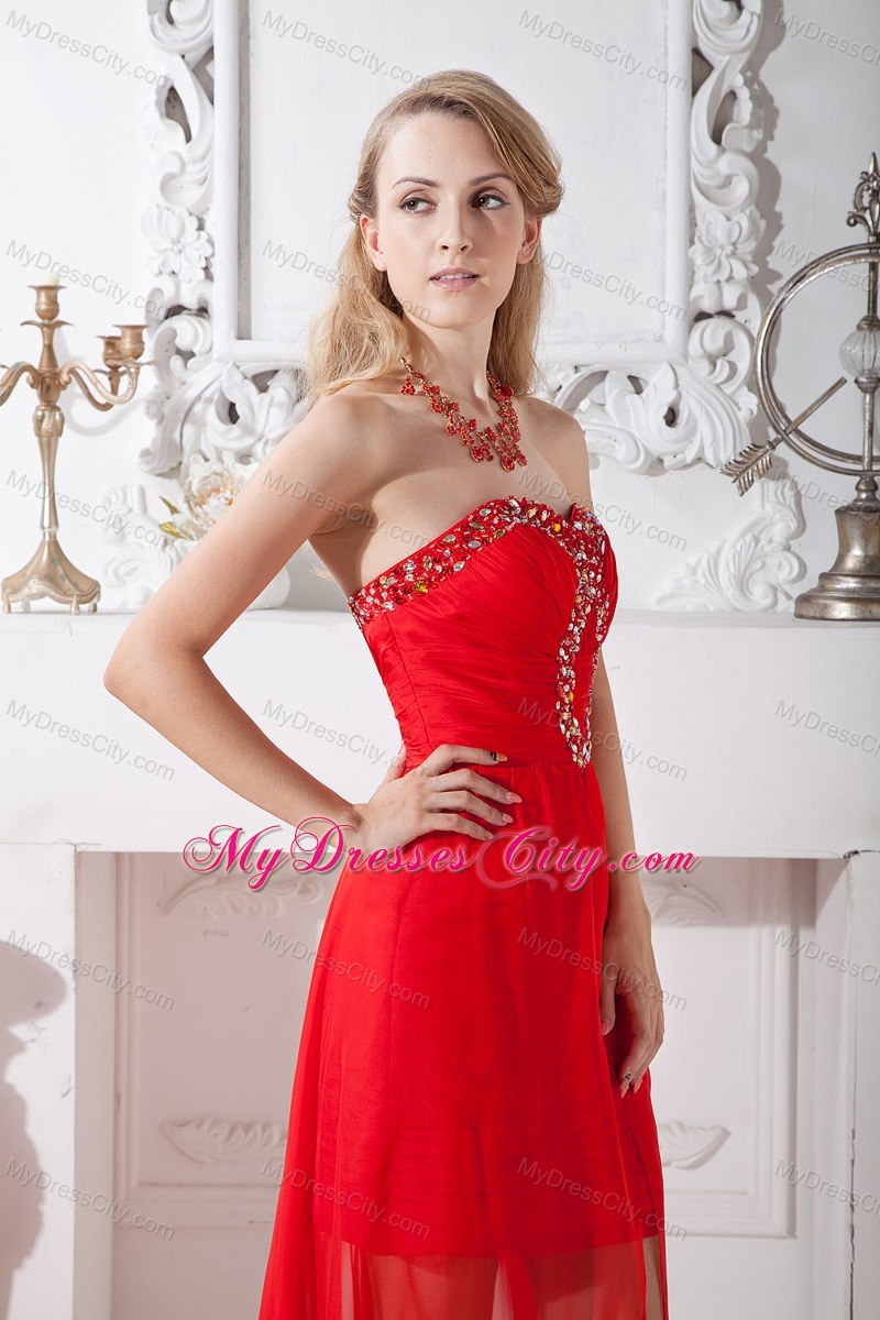 Red High-low 2013 Evening Cocktail Dress with Beading and Ruches