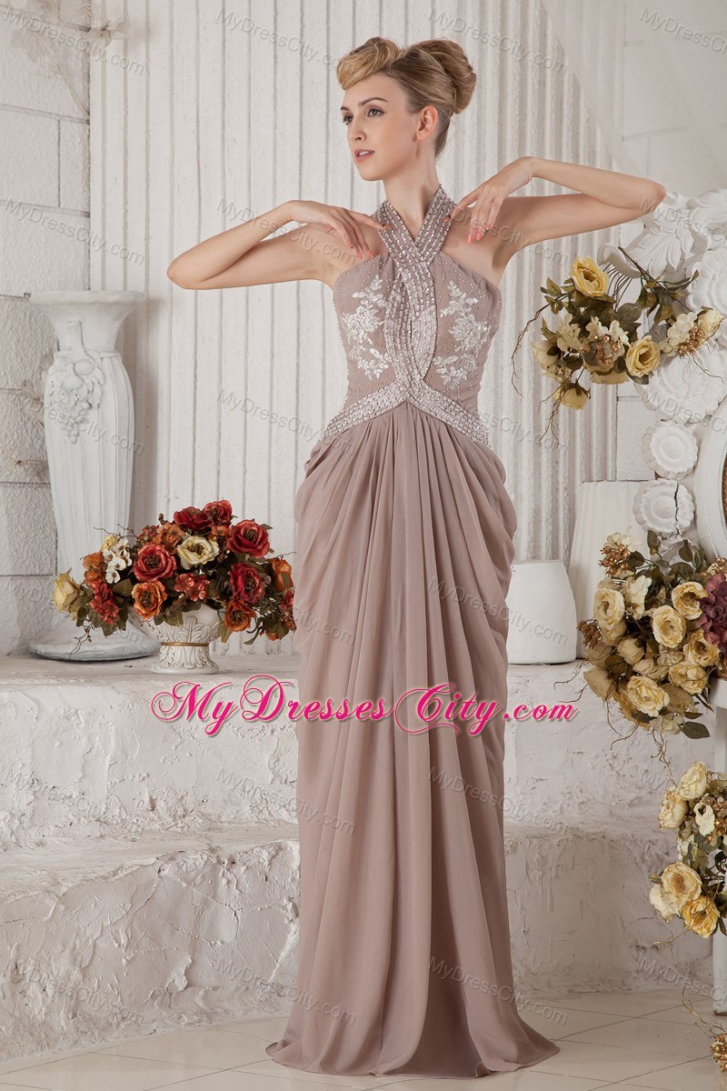 Brown Halter Chiffon Appliques and Ruches Prom Evening Dresses