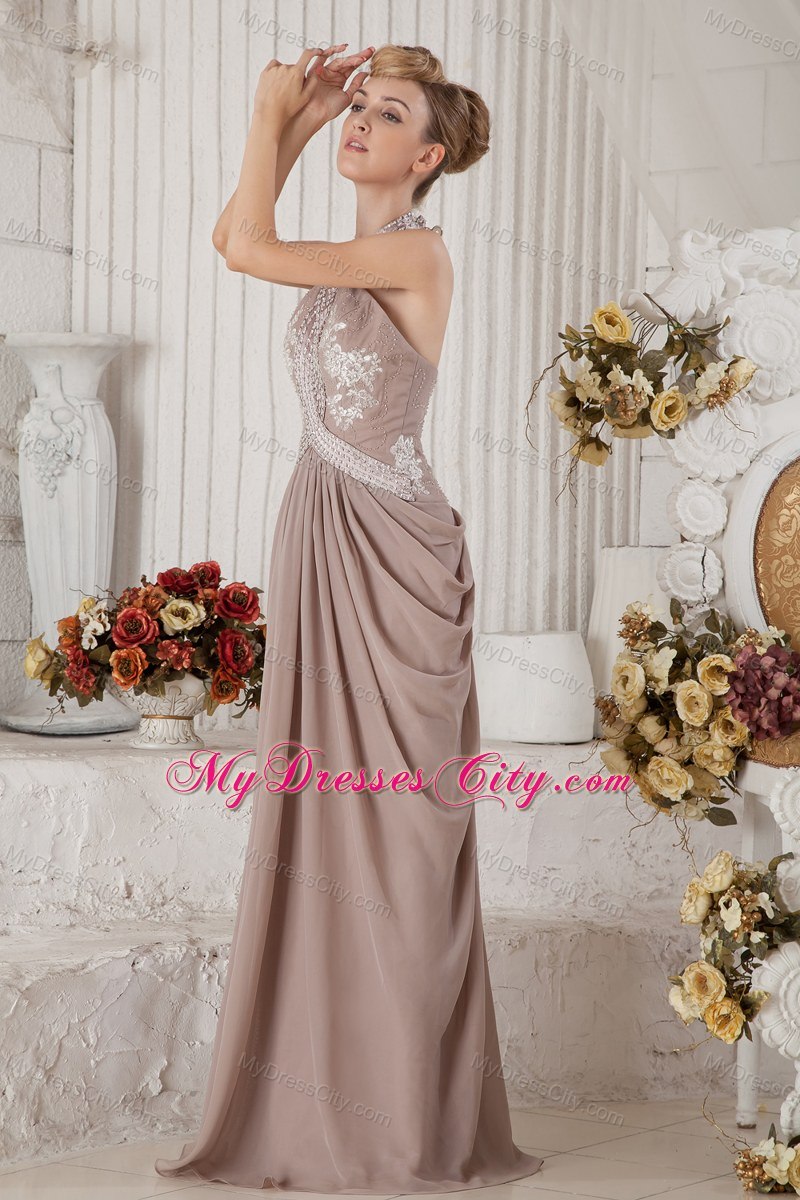 Brown Halter Chiffon Appliques and Ruches Prom Evening Dresses