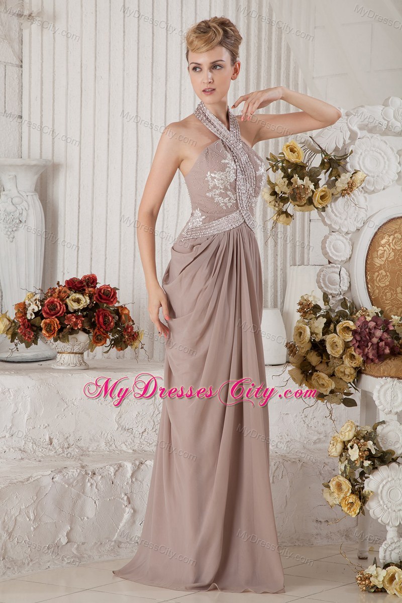 Brown Halter Chiffon Appliques and Ruches Prom Evening Dresses