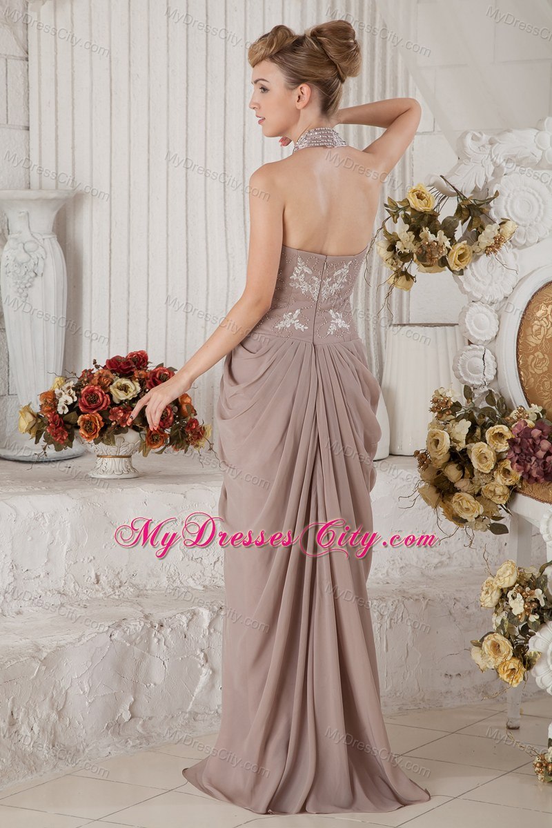 Brown Halter Chiffon Appliques and Ruches Prom Evening Dresses