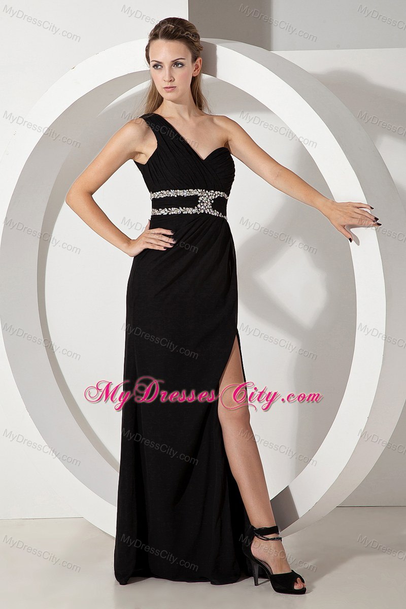 Black One Shoulder High Slit Evening Party Dress with Beading