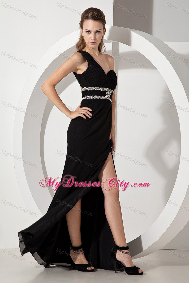 Black One Shoulder High Slit Evening Party Dress with Beading