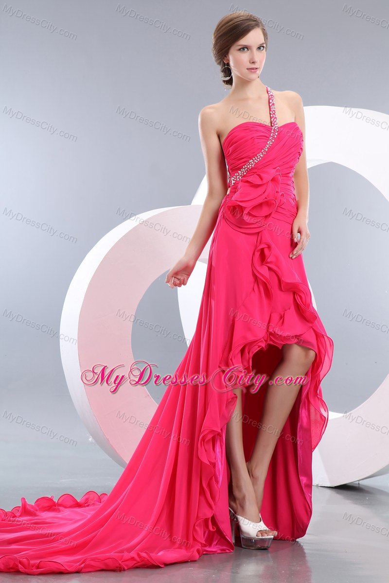 Hot Pink One Shoulder High-low Evening Dresses with Flower