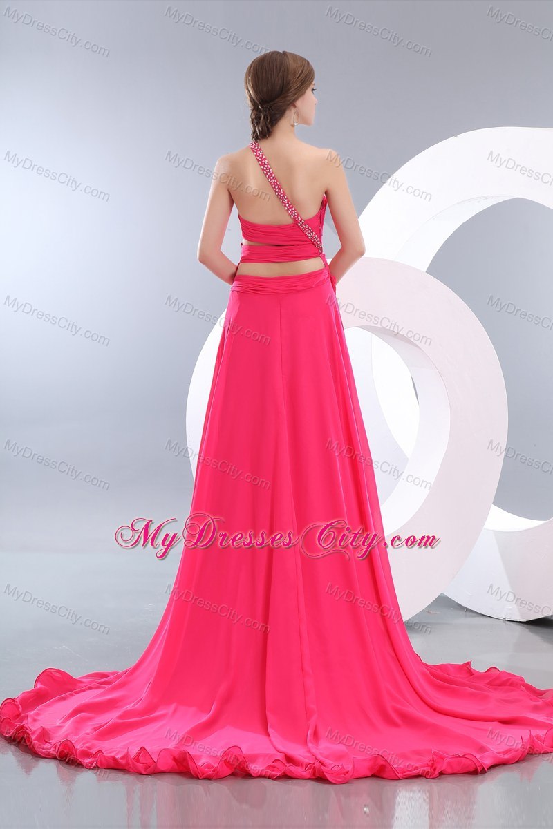 Hot Pink One Shoulder High-low Evening Dresses with Flower