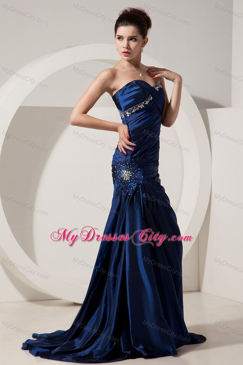 Navy Blue Mermaid Brush Train Evening Dress with Beading