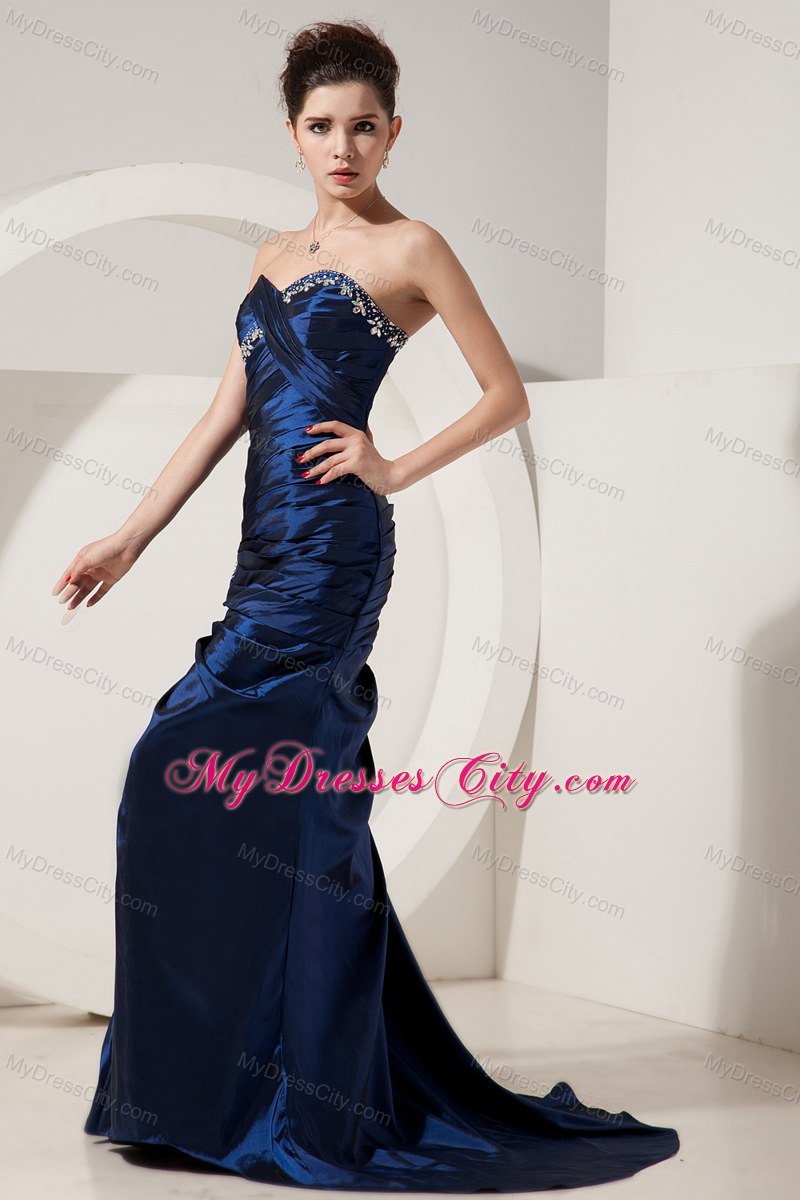 Navy Blue Mermaid Brush Train Evening Dress with Beading