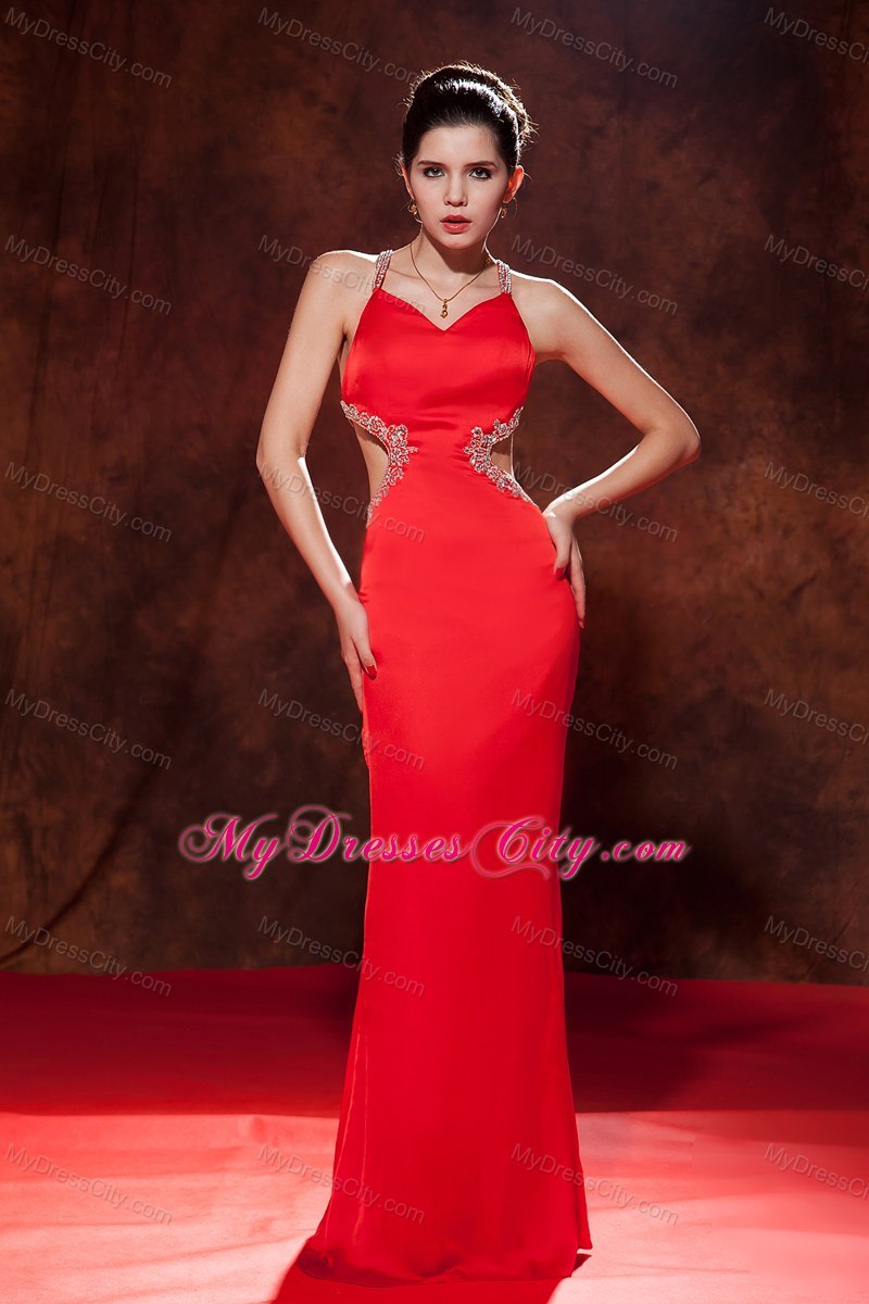 Red Straps Cut Out Maxi Evening Dress with Beaded Crisscross