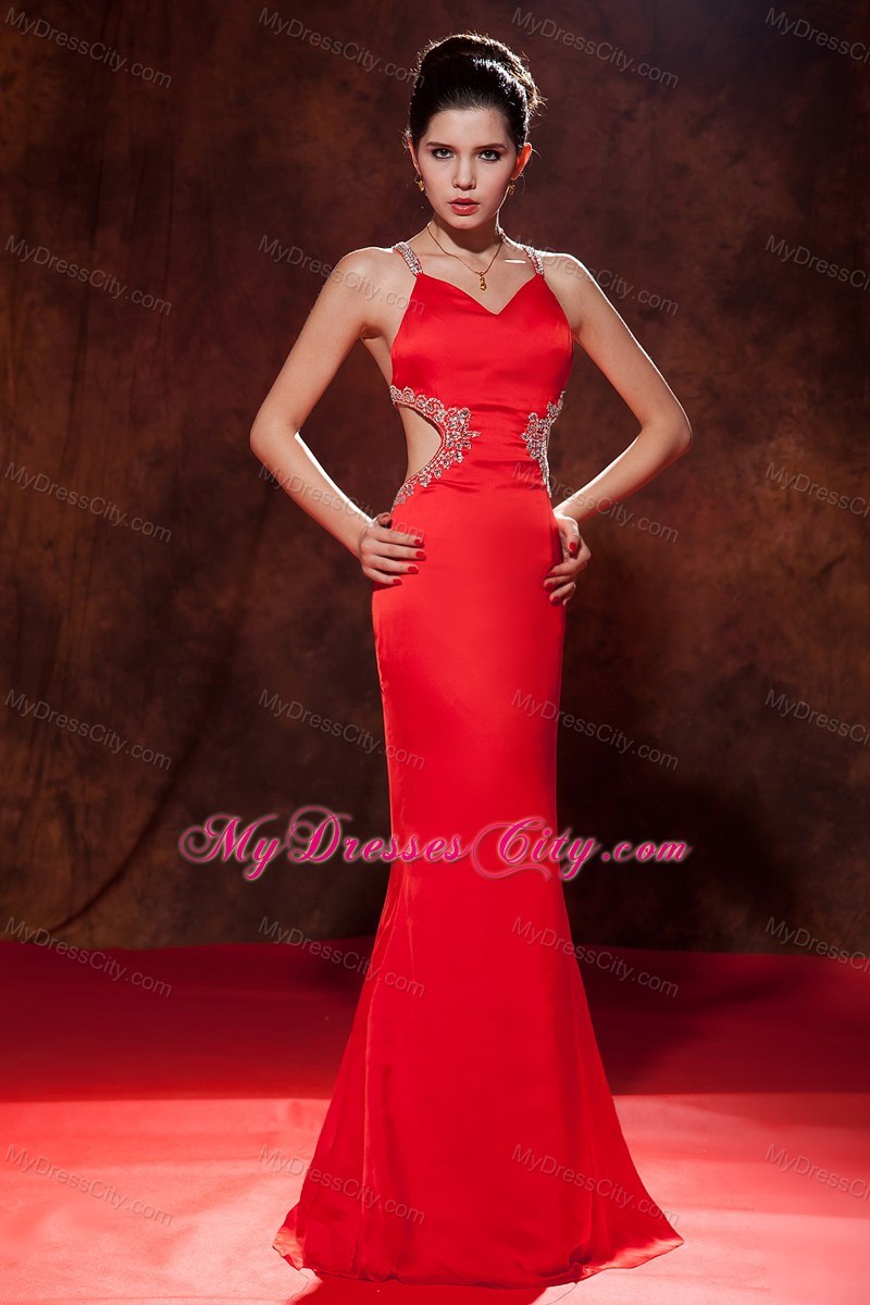 Red Straps Cut Out Maxi Evening Dress with Beaded Crisscross