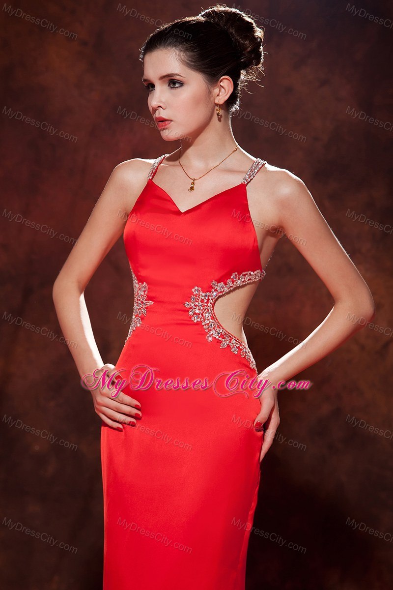 Red Straps Cut Out Maxi Evening Dress with Beaded Crisscross