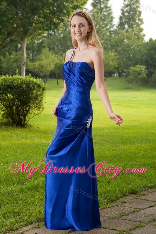 Cheap Blue One Shoulder Column Beading Maxi Evening Dress