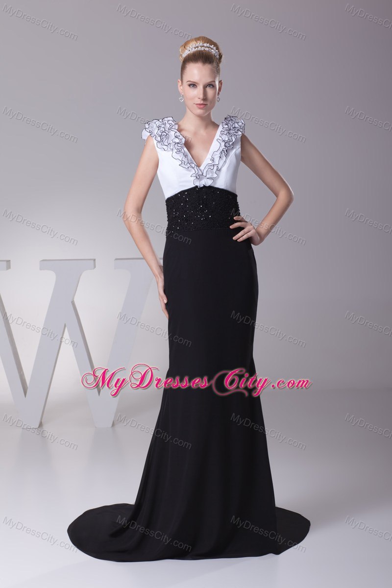 White and Black Mermaid V-neck Beaded Evening Party Dress