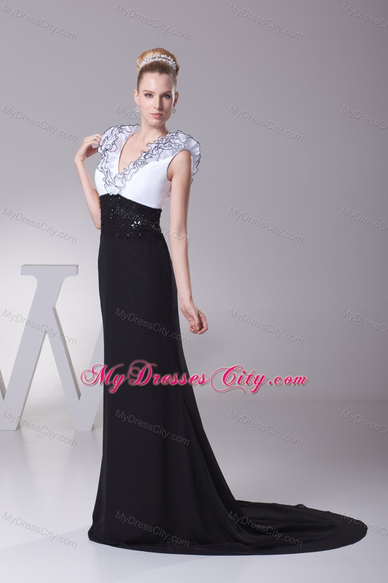 White and Black Mermaid V-neck Beaded Evening Party Dress