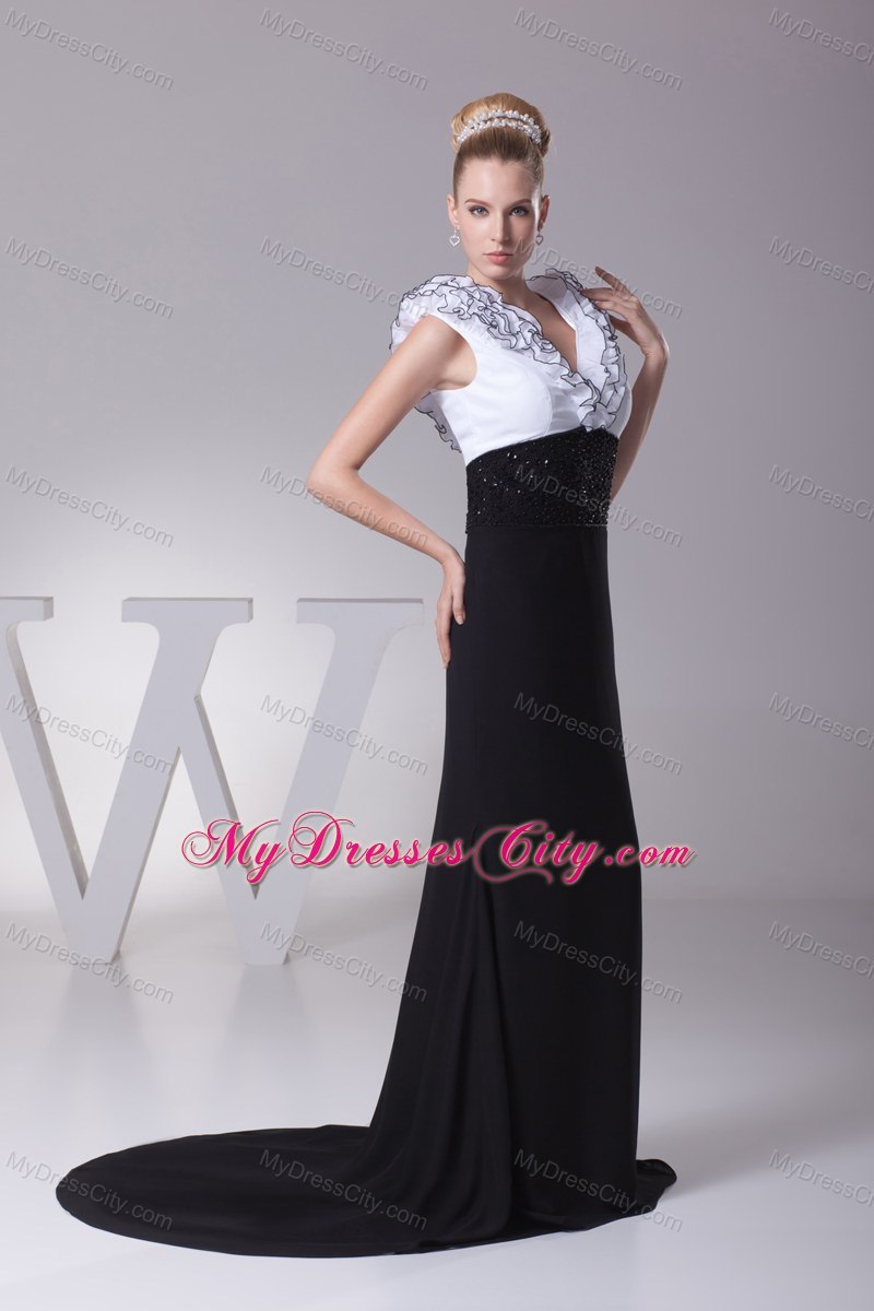 White and Black Mermaid V-neck Beaded Evening Party Dress