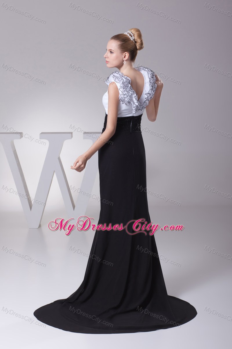 White and Black Mermaid V-neck Beaded Evening Party Dress