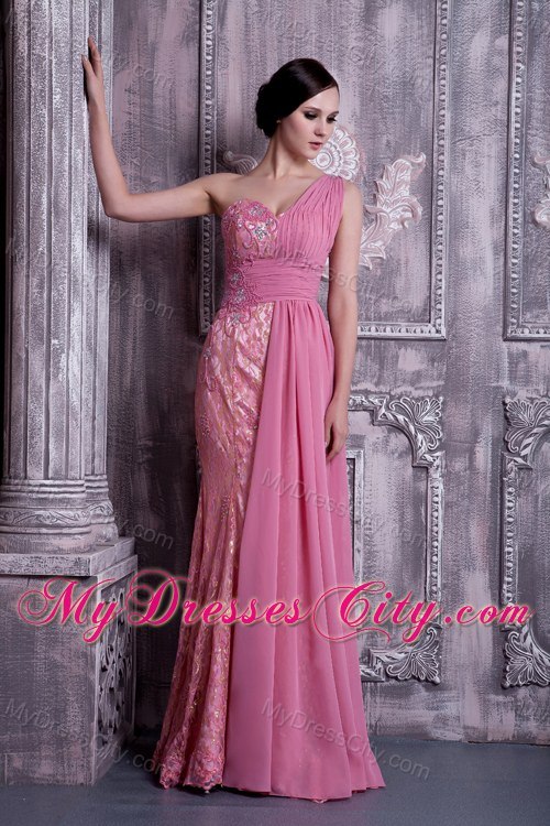 Rose Pink One Shoulder Beaded Evening Dress Floor-length