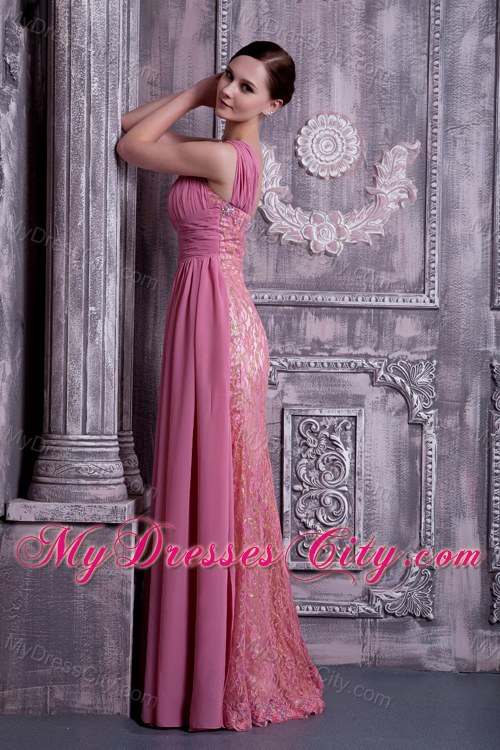 Rose Pink One Shoulder Beaded Evening Dress Floor-length