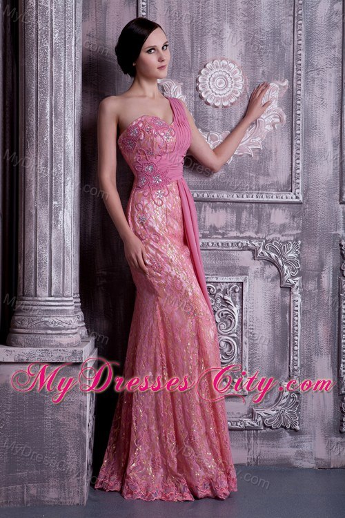 Rose Pink One Shoulder Beaded Evening Dress Floor-length