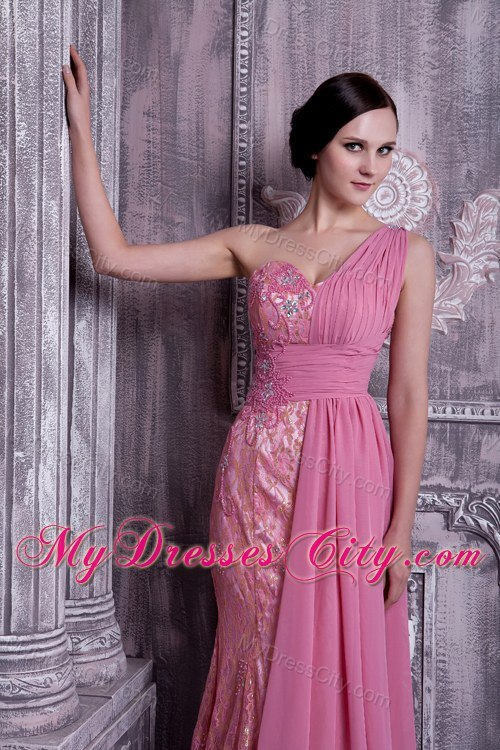 Rose Pink One Shoulder Beaded Evening Dress Floor-length