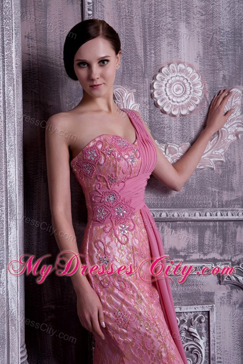 Rose Pink One Shoulder Beaded Evening Dress Floor-length