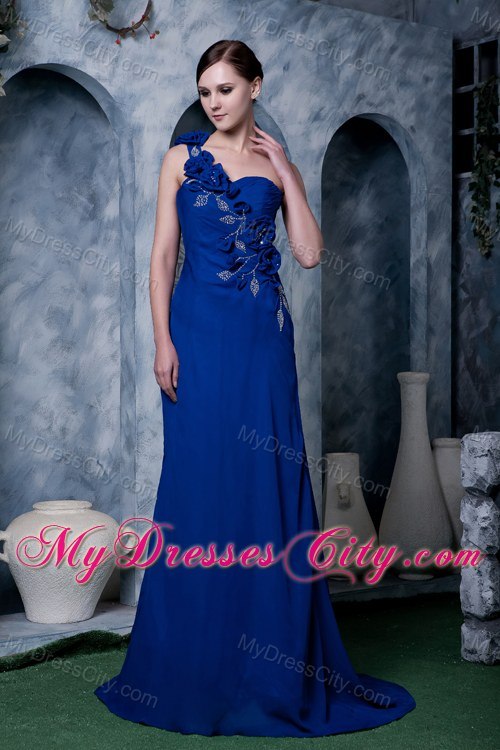 Sexy Royal Blue Flower One Shoulder Prom Dress with Beading