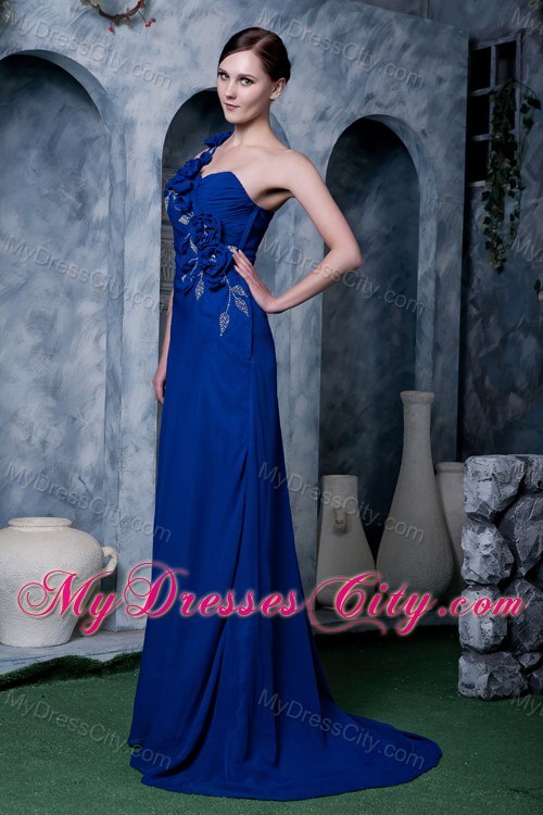 Sexy Royal Blue Flower One Shoulder Prom Dress with Beading