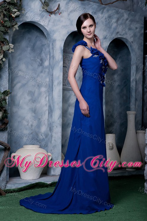 Sexy Royal Blue Flower One Shoulder Prom Dress with Beading