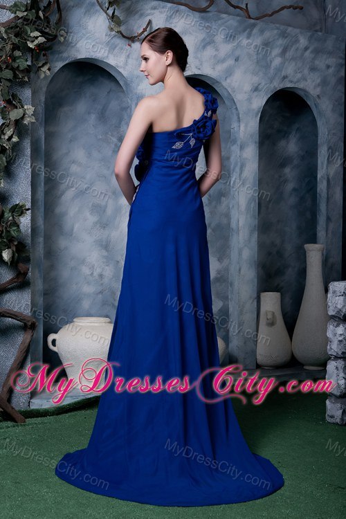 Sexy Royal Blue Flower One Shoulder Prom Dress with Beading