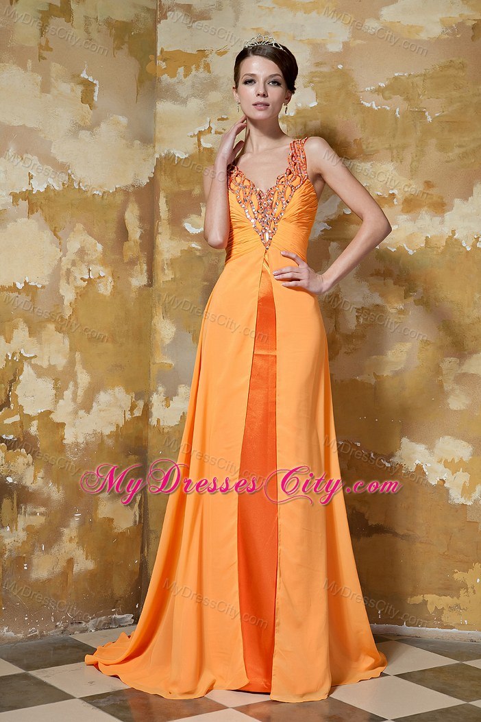 Orange Column Beaded V-neck Brush Train Chiffon Evening Dress