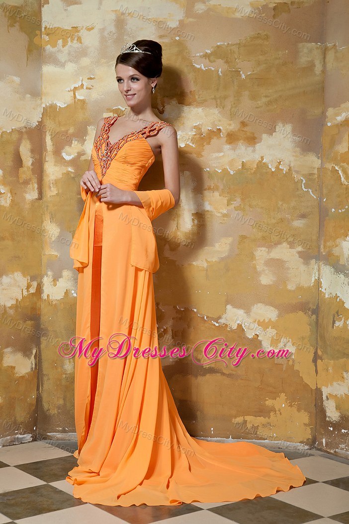 Orange Column Beaded V-neck Brush Train Chiffon Evening Dress