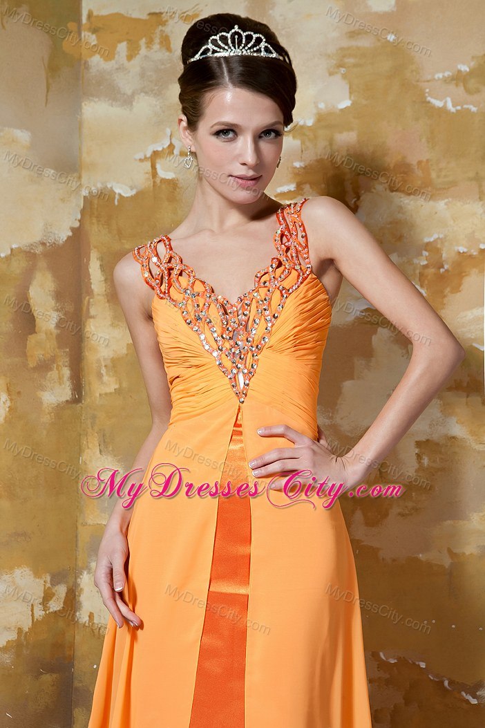 Orange Column Beaded V-neck Brush Train Chiffon Evening Dress