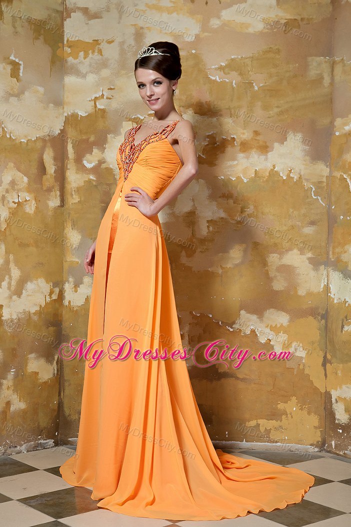 Orange Column Beaded V-neck Brush Train Chiffon Evening Dress