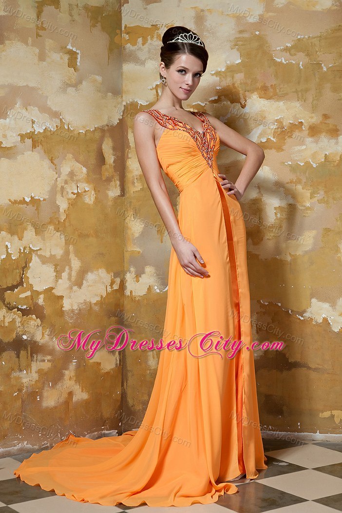 Orange Column Beaded V-neck Brush Train Chiffon Evening Dress