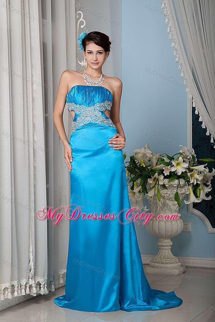 Teal Sheath Strapless Beaded Cutout Back Evening Dress