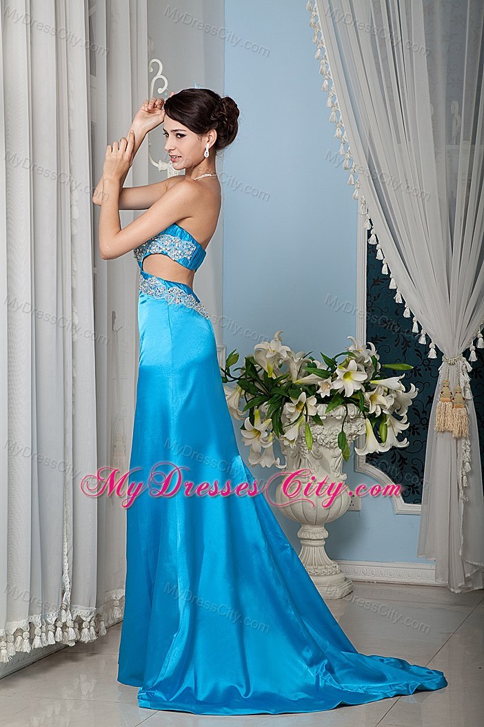 Teal Sheath Strapless Beaded Cutout Back Evening Dress