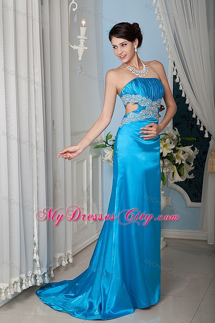 Teal Sheath Strapless Beaded Cutout Back Evening Dress