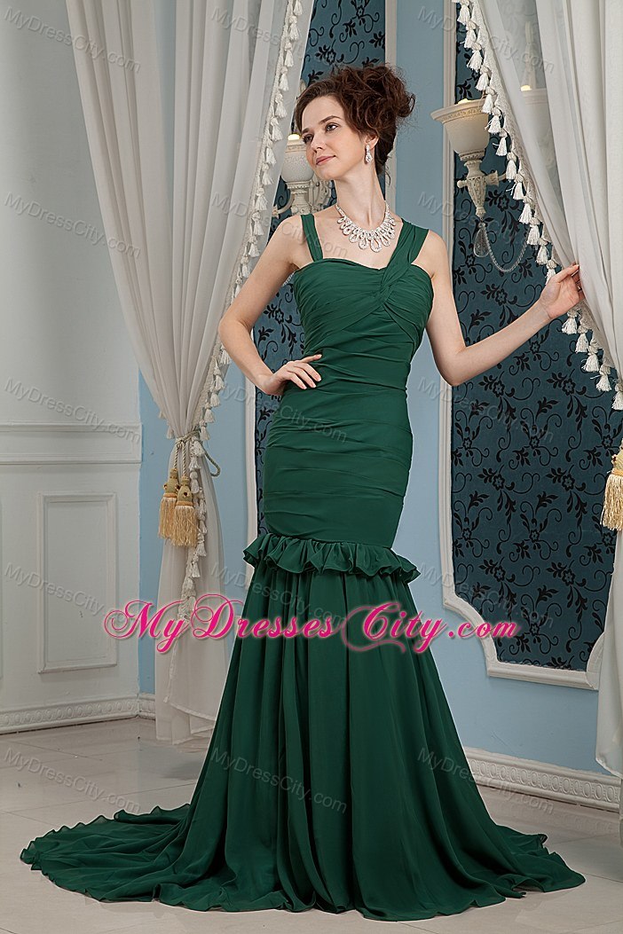 Dark Green Mermaid Straps Brush Train Ruched Evening Gowns