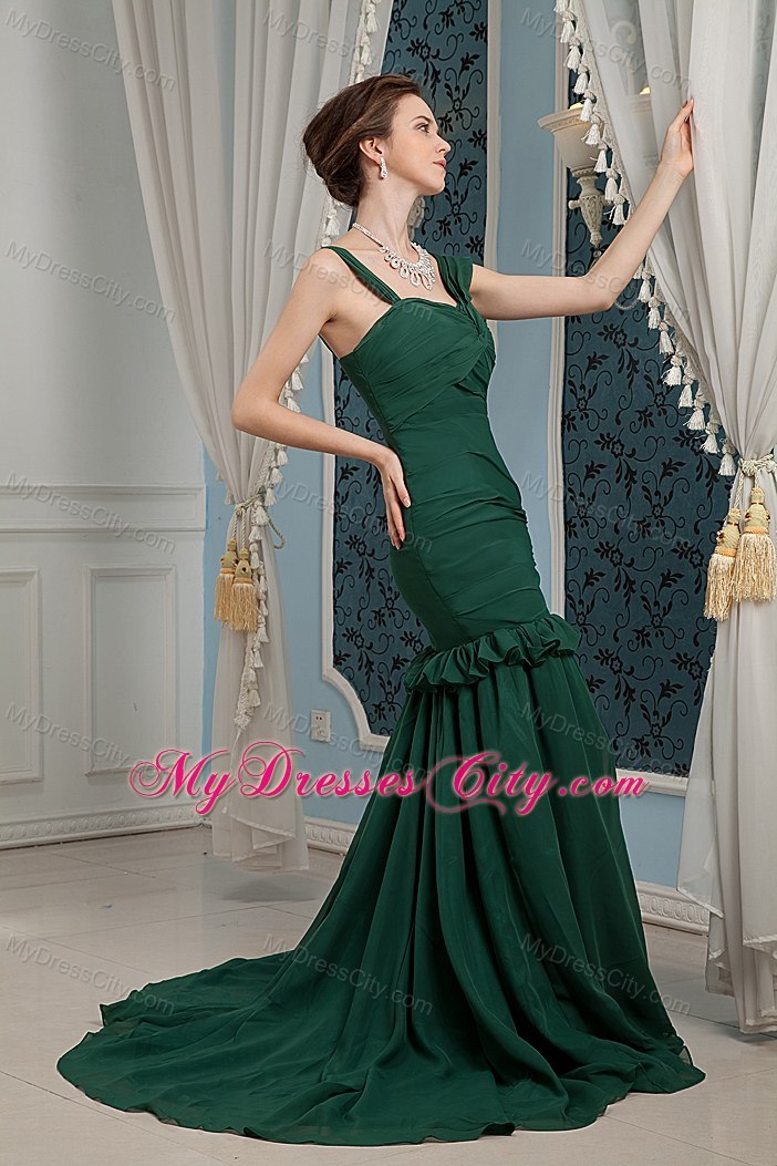 Dark Green Mermaid Straps Brush Train Ruched Evening Gowns