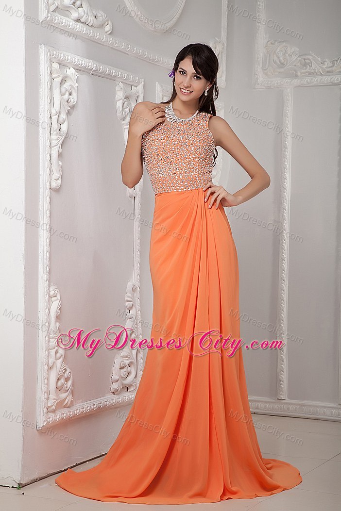 Sexy Orange One Shoulder Beaded Corset Chiffon Evening Dress