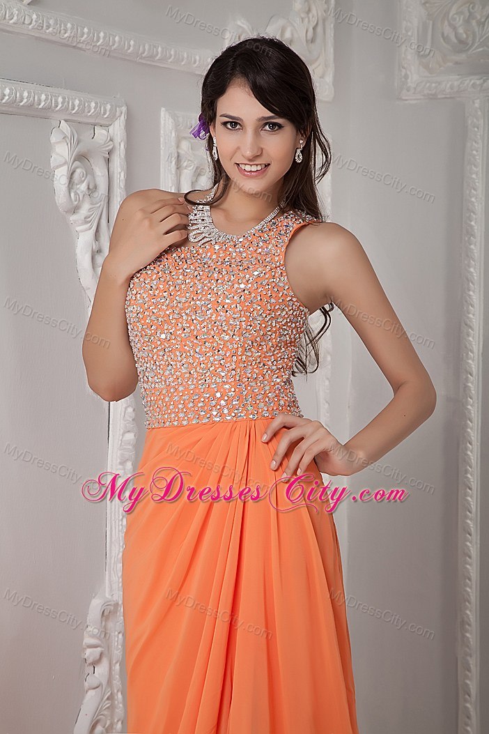 Sexy Orange One Shoulder Beaded Corset Chiffon Evening Dress