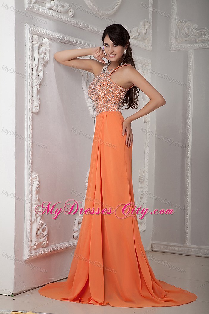 Sexy Orange One Shoulder Beaded Corset Chiffon Evening Dress